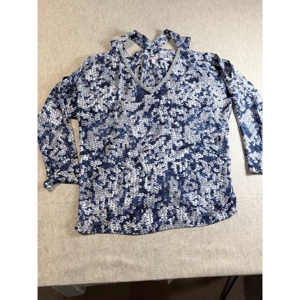 Juicy Couture Blouse Wmn L Blue White Sequin Print Cold Shoulder Boho Y2K Party